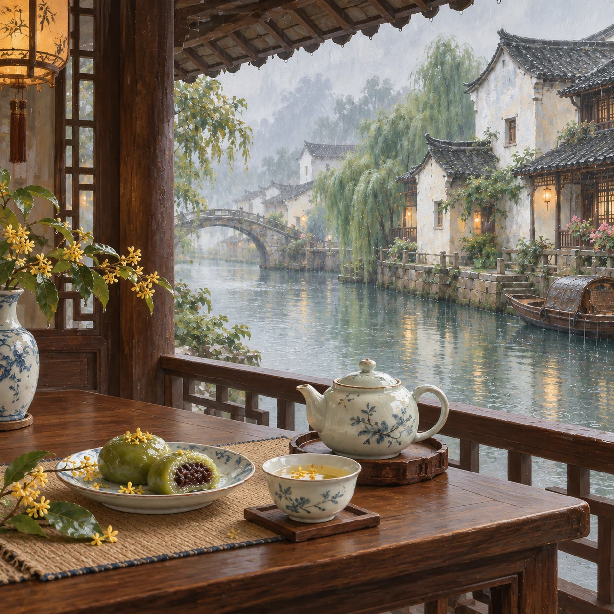 雨巷江南茶亭中的茶与青团