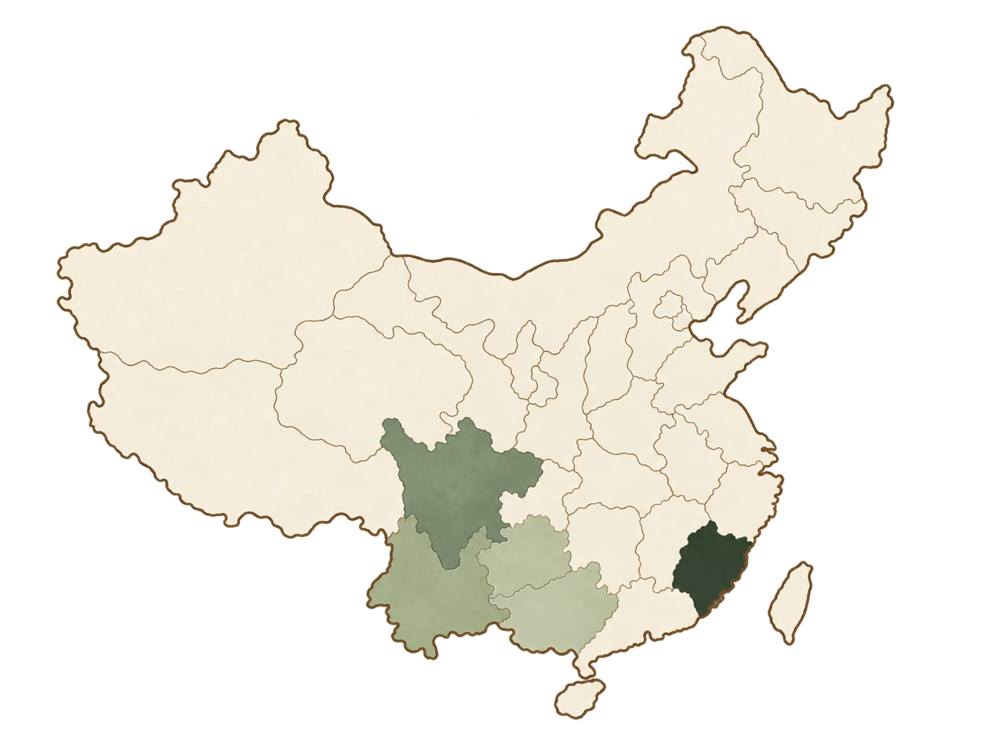 中国白茶主要省级产区分布示意图