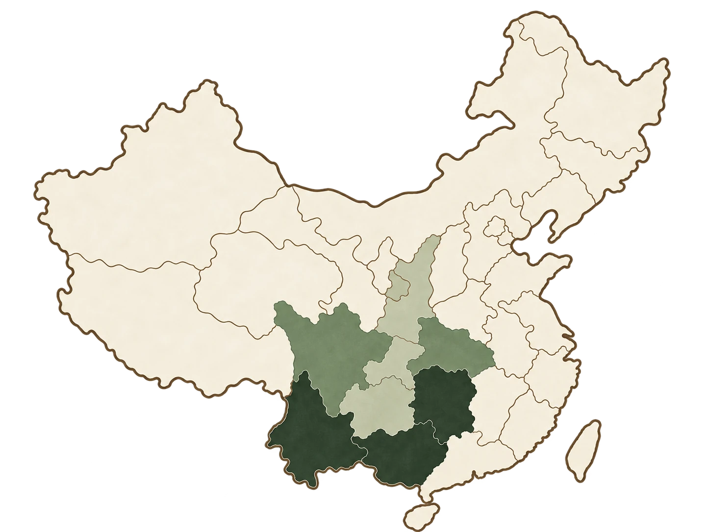 中国黑茶主要省级产区分布示意图