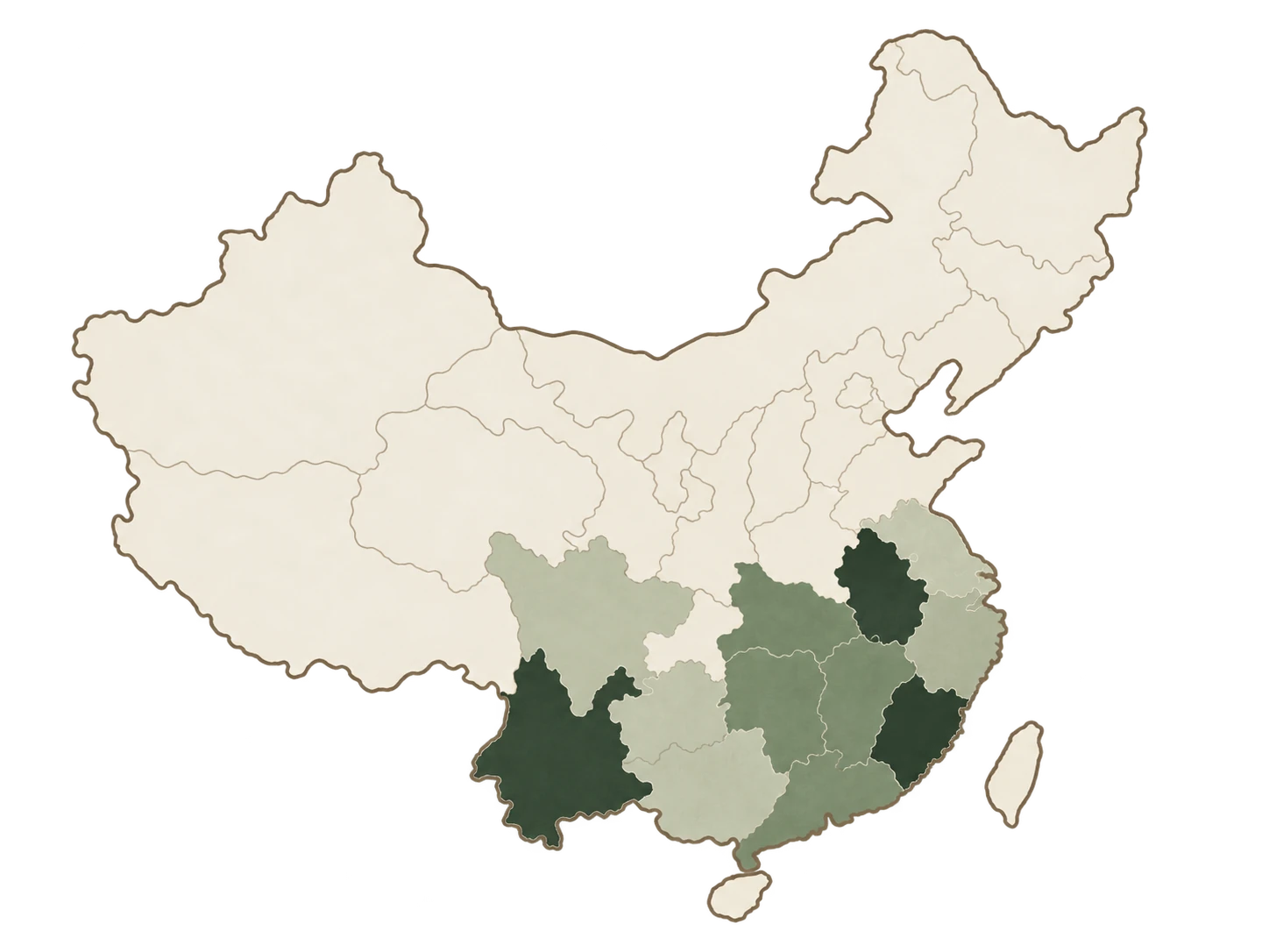 中国红茶主要省级产区分布示意图