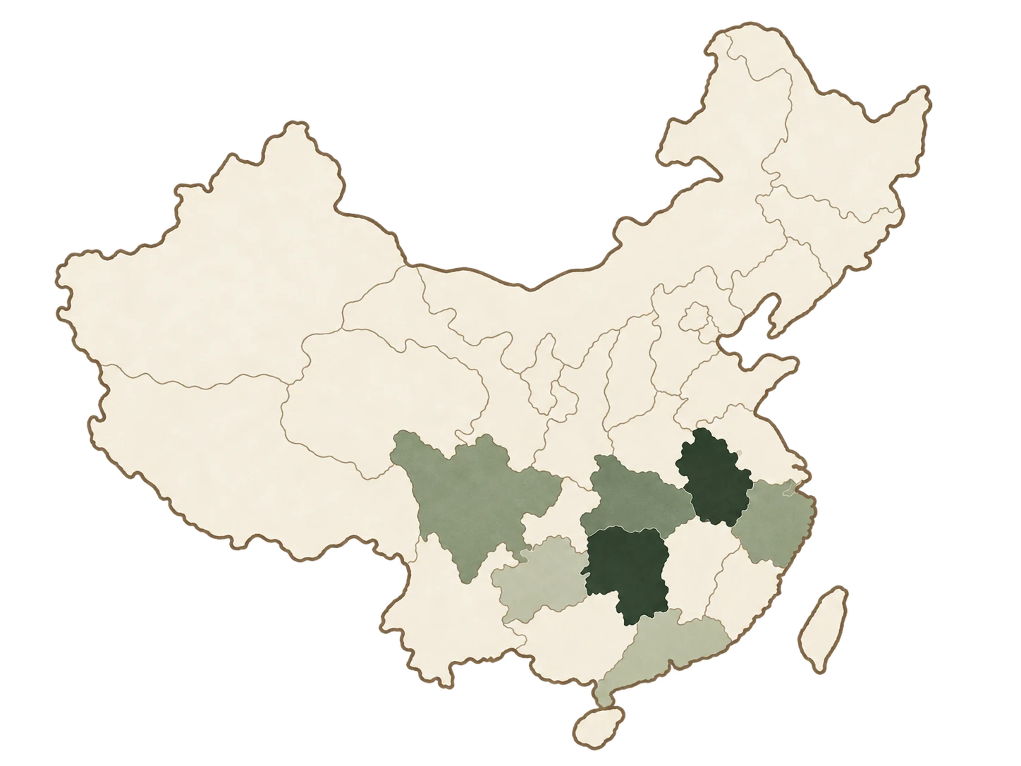 中国黄茶主要省级产区分布示意图