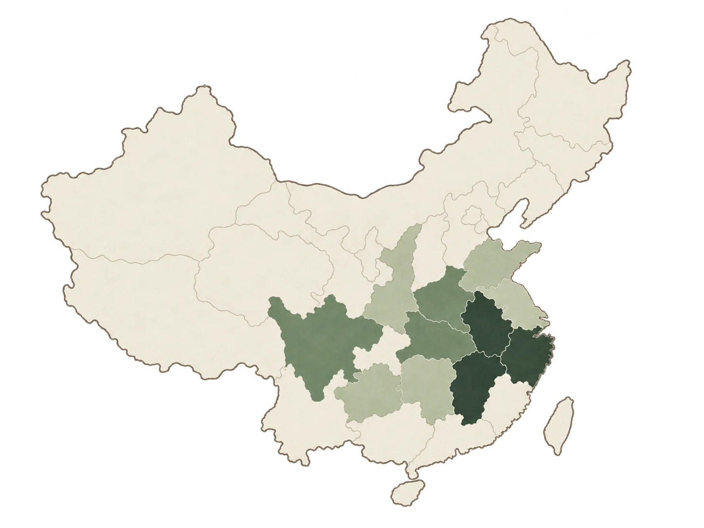 中国绿茶主要省级产区分布示意图