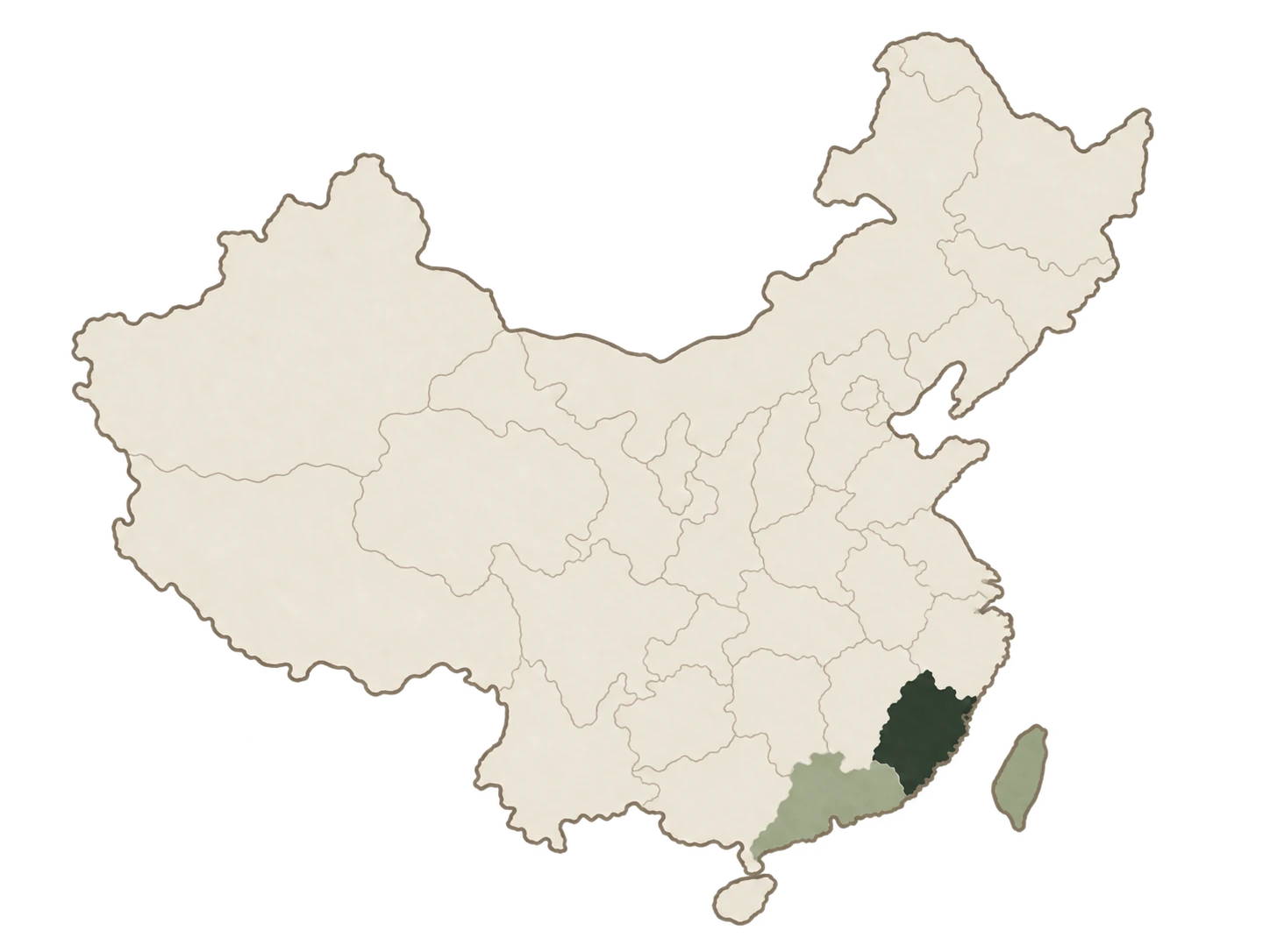 中国乌龙茶主要省级产区分布示意图