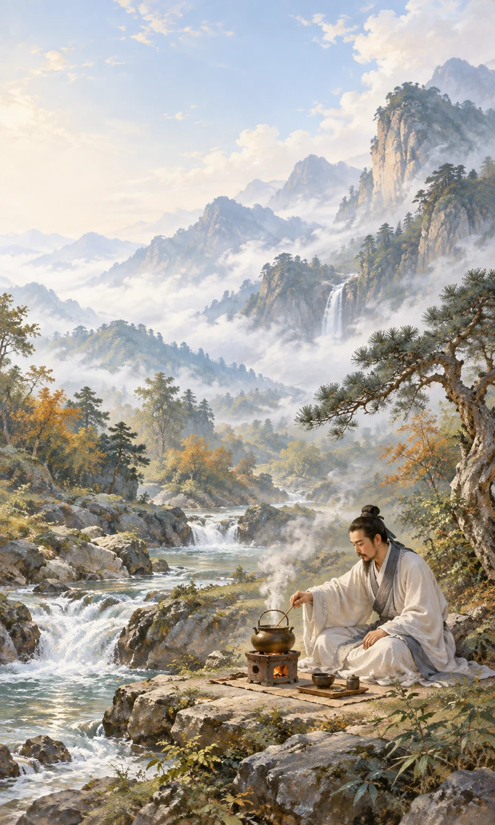 陆羽在山间溪畔煮茶的想象场景
