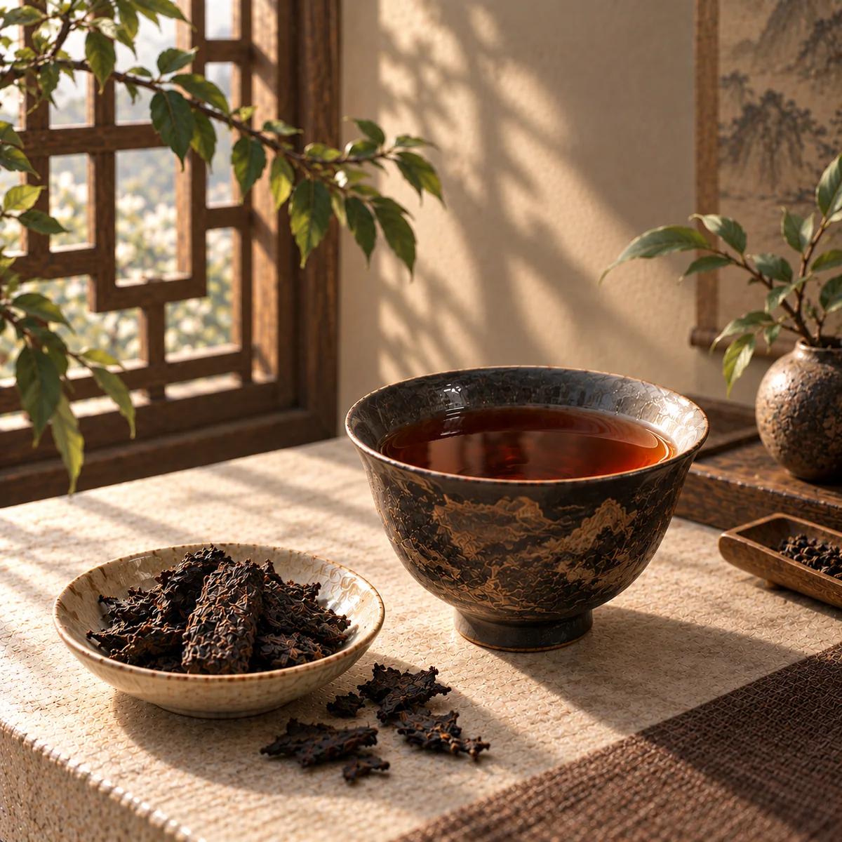 黑茶的茶汤与干茶