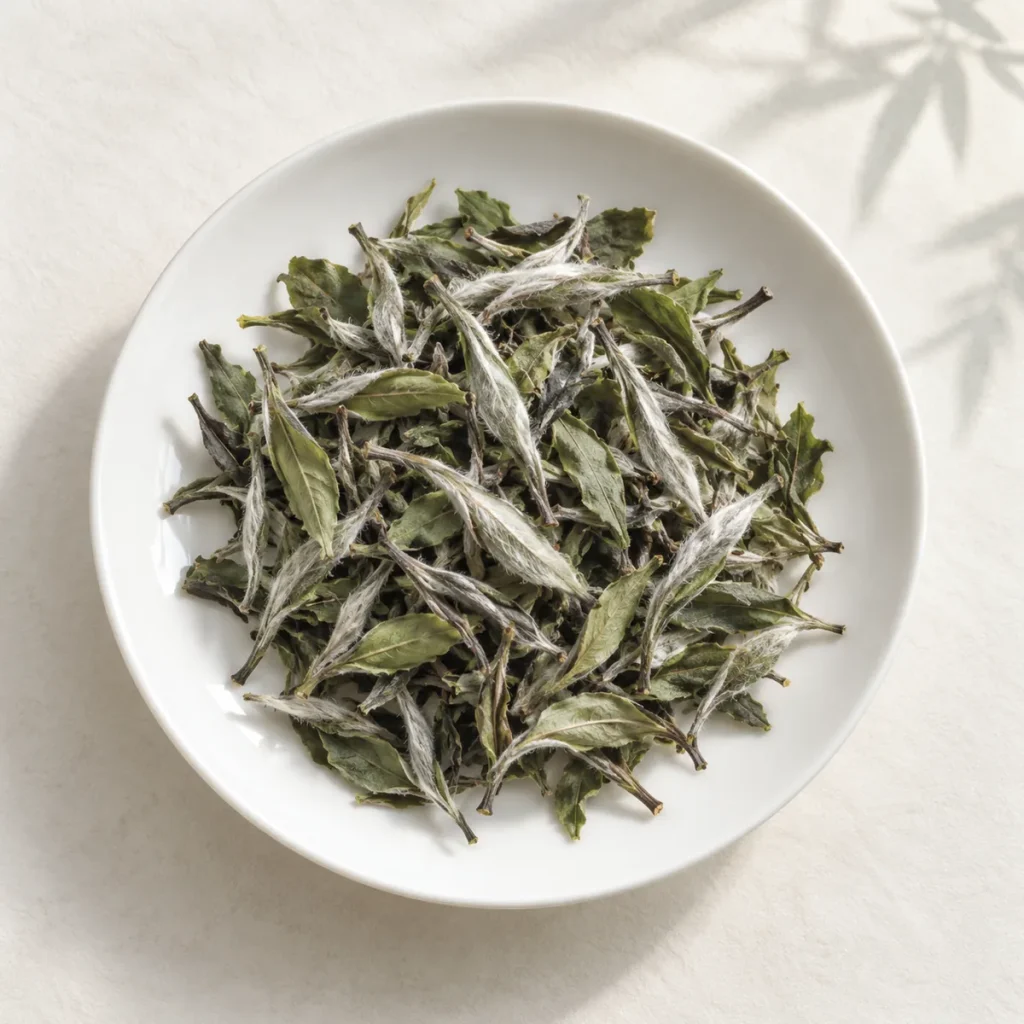 特级白牡丹毫心肥壮、芽叶连枝、灰绿叶片夹银白茸毫的干茶