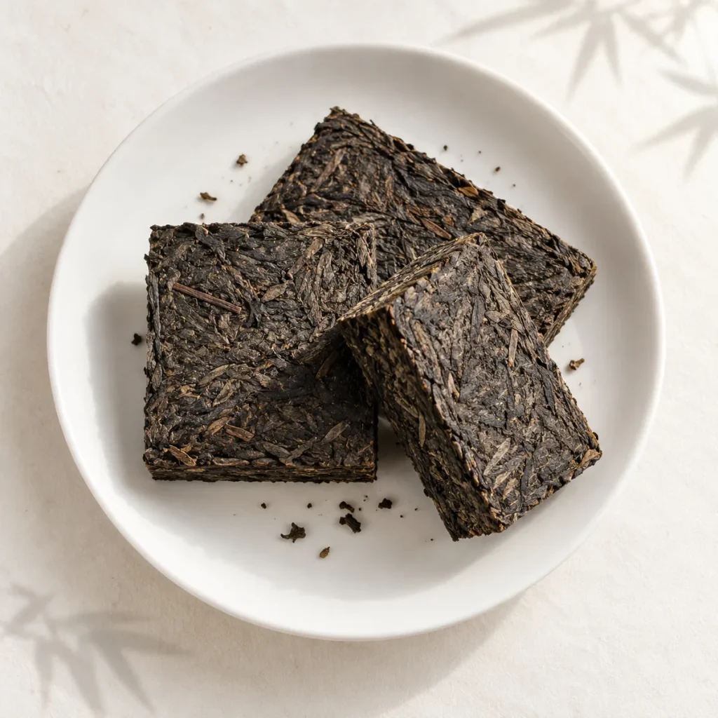 湖北青砖茶青褐紧实、压制纹理清晰的茶砖干茶