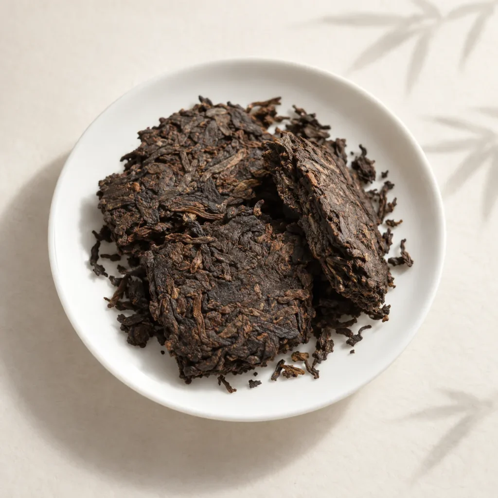 普洱熟茶红褐润泽、条索紧结的散茶干茶