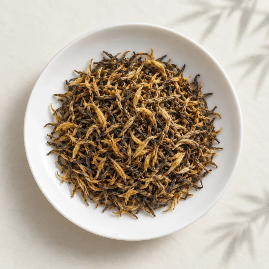 金骏眉紧秀重实金黄黑相间并略显金毫的干茶