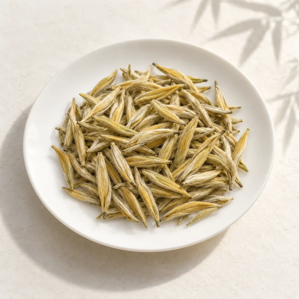 君山银针特级干茶，芽头饱满挺直、黄润金毫显露