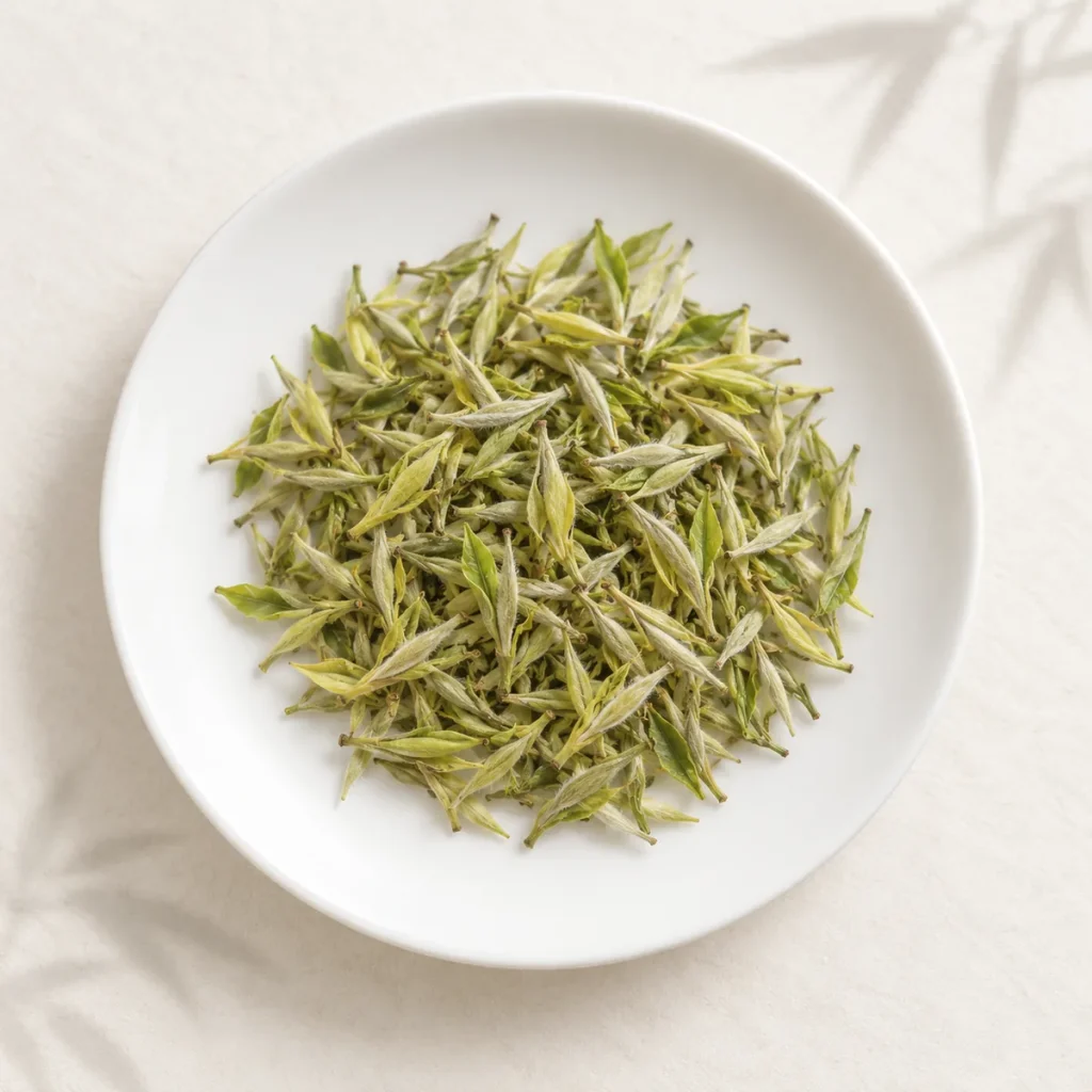 莫干黄芽黄茶细紧略卷、嫩黄显毫的一芽一叶初展干茶