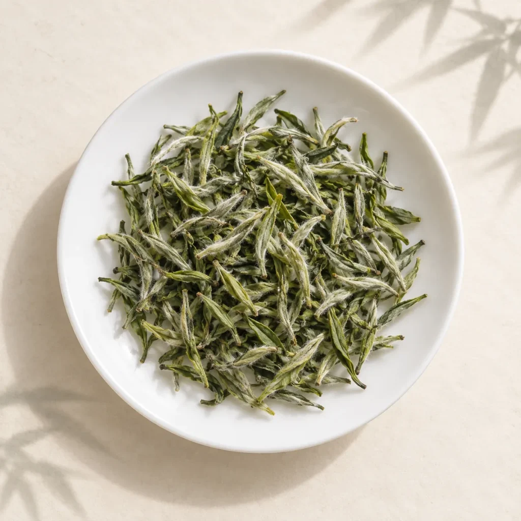 黄山毛峰芽叶肥壮嫩绿显毫的干茶