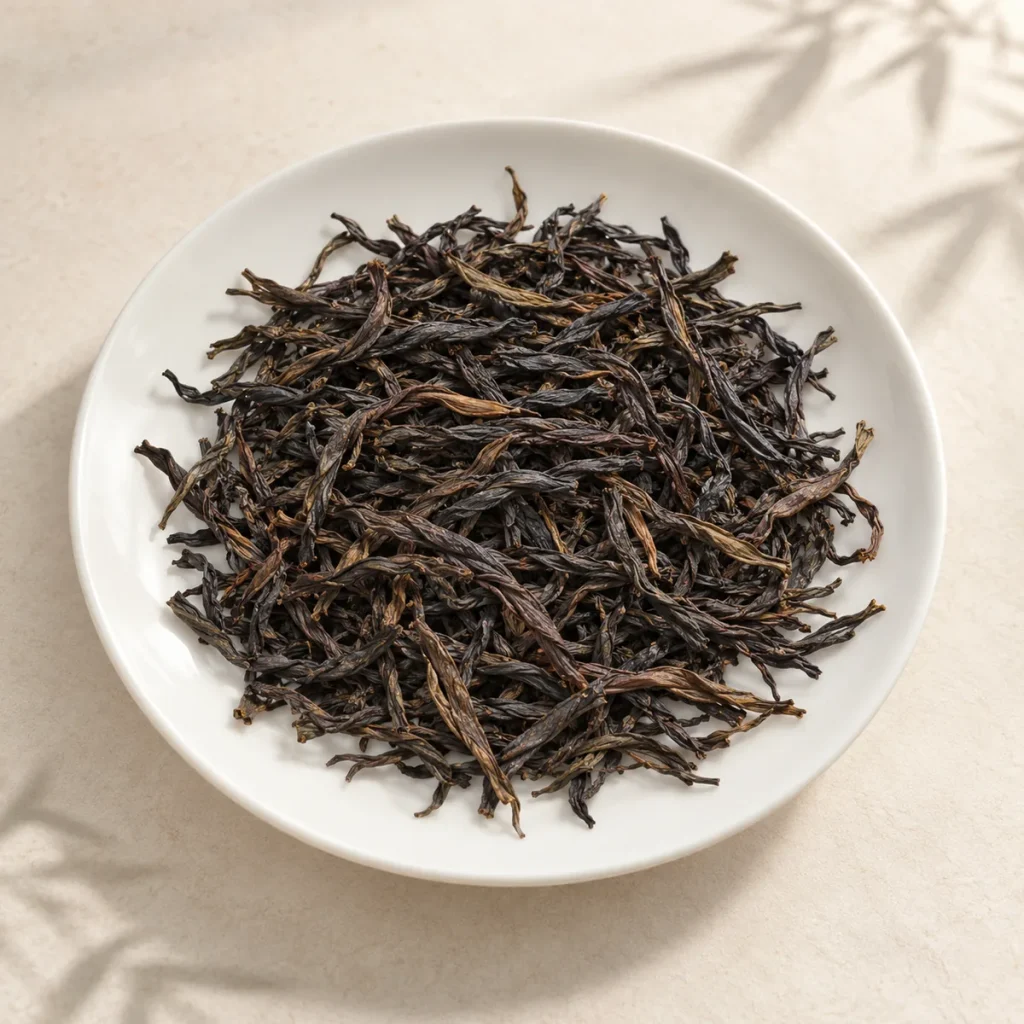 凤凰单丛蜜兰香紧结稍弯、黄褐至乌褐油润的条形干茶